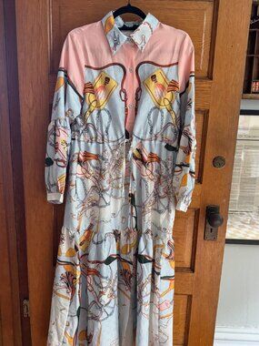 Vintage Equestrian Scarf Print Maxi Shirt Dress Size Large